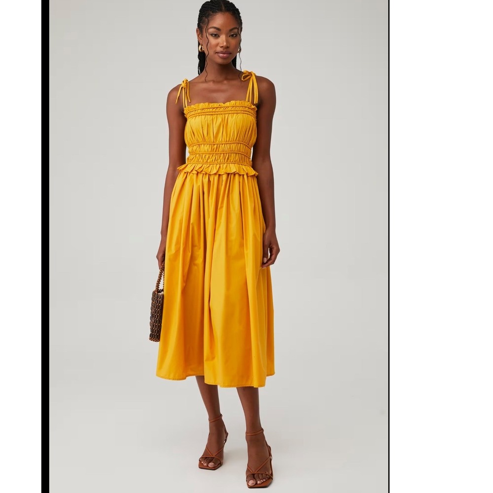 En Saison Haley Midi Dress Ida Medium Golden Yellow Smocked Bodice‎ Tie Straps